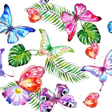 Beyaz arka planda el çizilmiş suluboya tropikal çiçekler ve kelebekler 