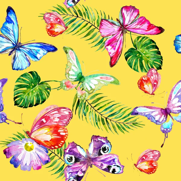 Acuarela Dibujada Mano Flores Tropicales Mariposas Sobre Fondo Amarillo —  Fotos de Stock