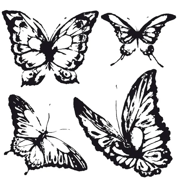 Silueta Negra Mariposas Aisladas Sobre Fondo Blanco — Vector de stock