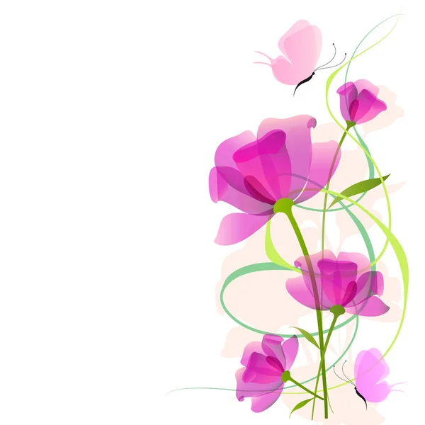 Beyaz Arka Plan Üzerinde Izole Kelebek Ile Pembe Çiçekler — Stok Vektör