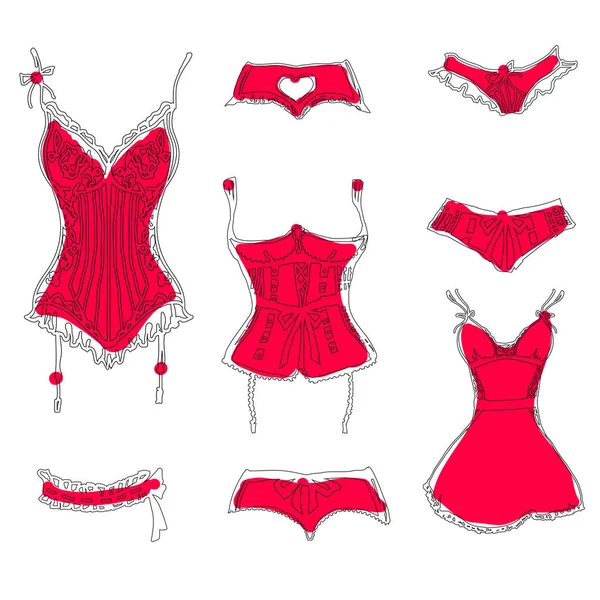 Conjunto Bocetos Dibujados Mano Ropa Interior Roja Sobre Fondo Blanco — Archivo Imágenes Vectoriales