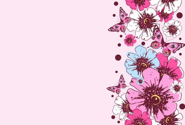 Vintage Blumen Mit Schmetterlingen Auf Pastellfarbenem Hintergrund — Stockfoto