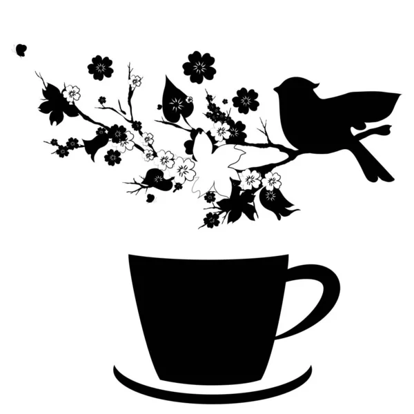 black cup silhouette with bird on blooming twig on white background