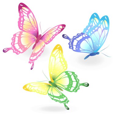 Beyaz arka plan üzerinde izole parlak renkli kelebekler dizi