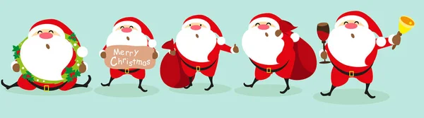 Weihnachten Sammlung Von Cartoon Weihnachtsmann Auf Pastellblauem Hintergrund — Stockvektor