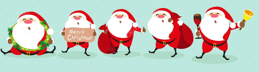 Christmas collection of cartoon Santa Claus on pastel blue background