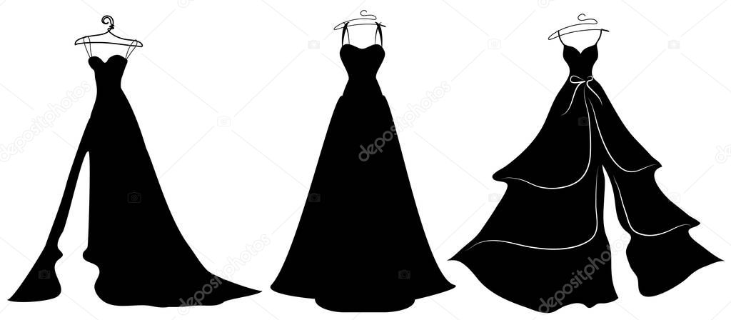 Set of elegant wedding dresses silhouettes isolated on white background