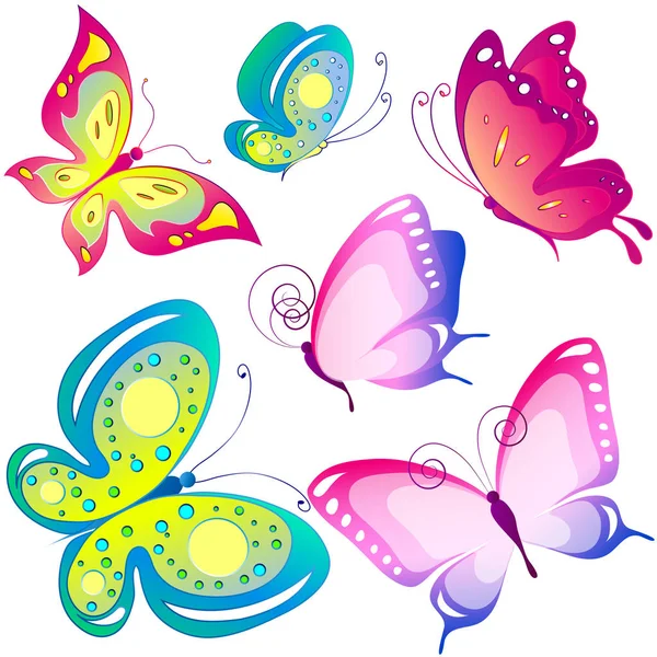 Set Bright Colorful Butterflies Isolated White Background — Stock Vector