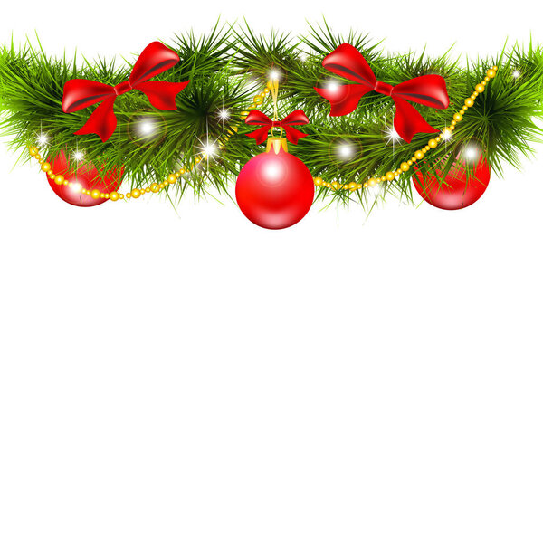 Ветка елки с красными шариками изолированы на белом фоне, вектор, иллюстрация
