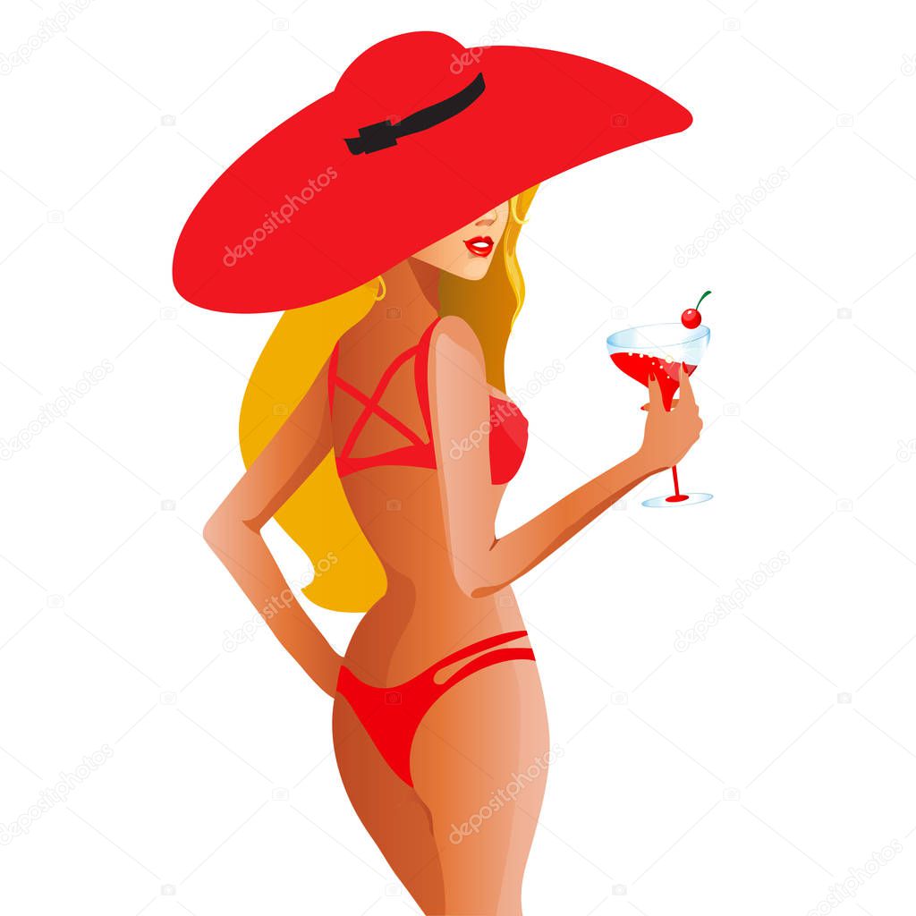 cartoon character of beautiful blonde woman in hat and dress holding cocktail, vector, illustration 