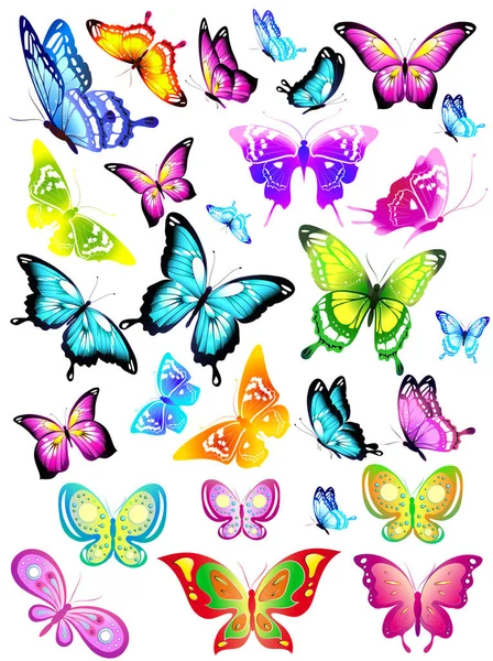 Conjunto Mariposas Colores Brillantes Aisladas Sobre Fondo Blanco — Foto de Stock