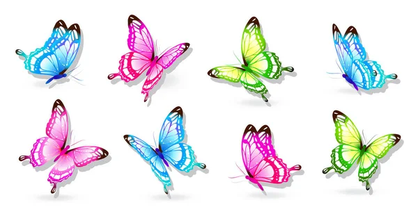 Ensemble Papillons Colorés Lumineux Isolés Sur Fond Blanc — Photo