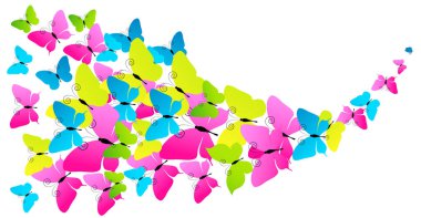 Beyaz arka plan üzerinde izole parlak renkli kelebekler dizi