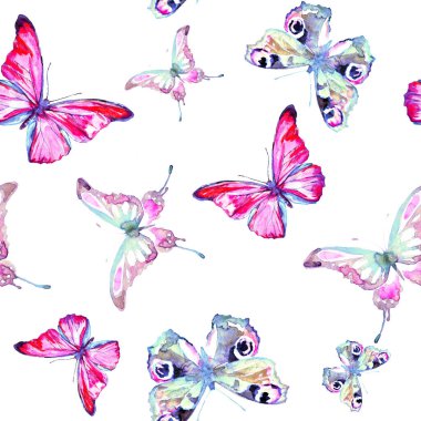 desen, güzel pembe mavi kelebekler, suluboya, beyaz bir arka plan üzerinde izole