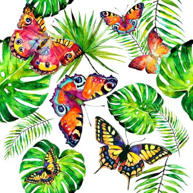 palmiye yaprakları ve kelebekler desen, beyaz bir suluboya