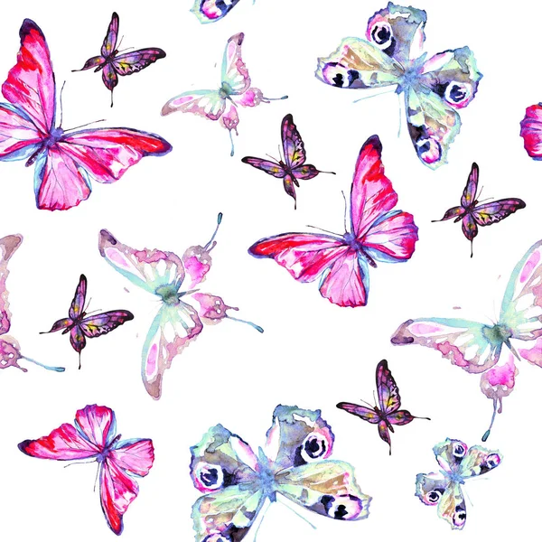 Wzór Piękne Różowe Niebieskie Motyle Akwarela Izolowane Białym Tle — Zdjęcie stockowe