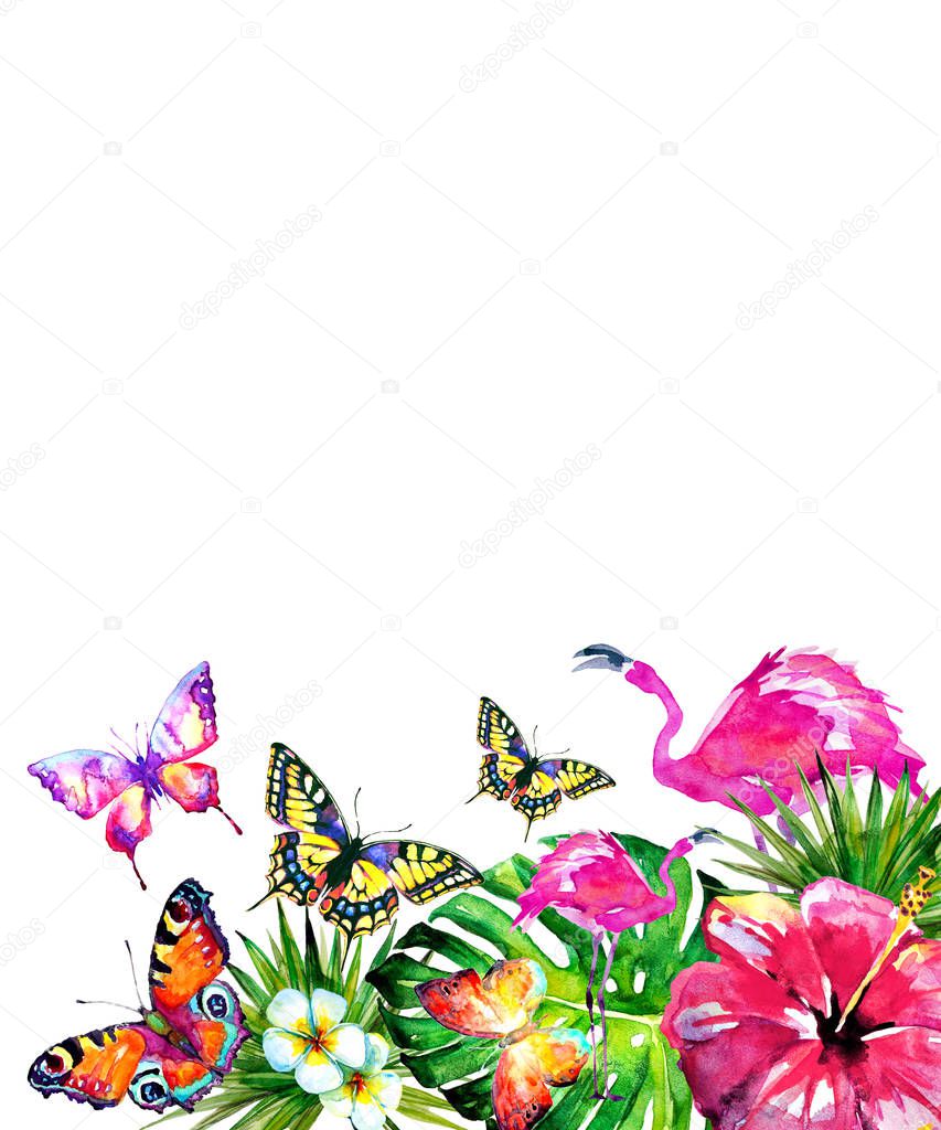 Hawaiian flowers,butterflies, watercolor, exotic plants, isolated on a white