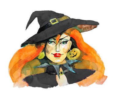 Halloween holiday, beautiful witch, woman in witch suit, watercolor, isolated on a white background