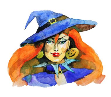 Halloween holiday, beautiful witch, woman in witch suit, watercolor, isolated on a white background