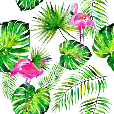 palm leaves pattern, watercolor on a white