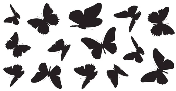 Czarne Sylwetki Motyle Białym Tle — Wektor stockowy
