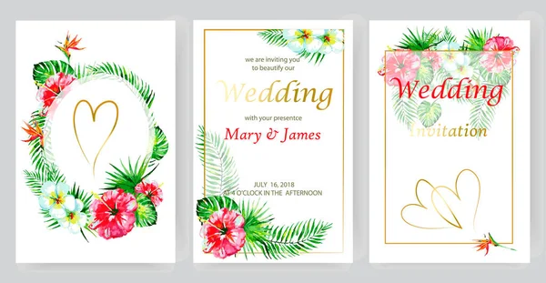 Set Wedding Invitation Beautiful Tropical Flowers Isolated White Background — Stock Photo, Image
