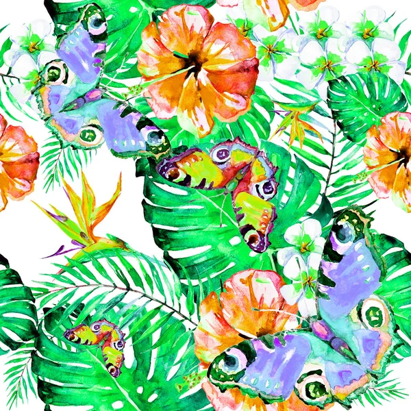 Pattern Palm Leaves Tropical Flowers Butterflies Isolated White Background — Stock Photo, Image