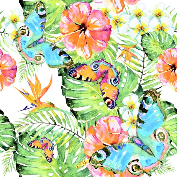 Pattern Palm Leaves Tropical Flowers Butterflies Isolated White Background — Stock Photo, Image