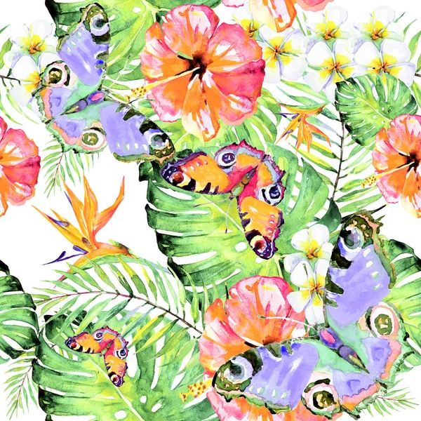 Pattern Palm Leaves Tropical Flowers Butterflies Isolated White Background — Stock Photo, Image
