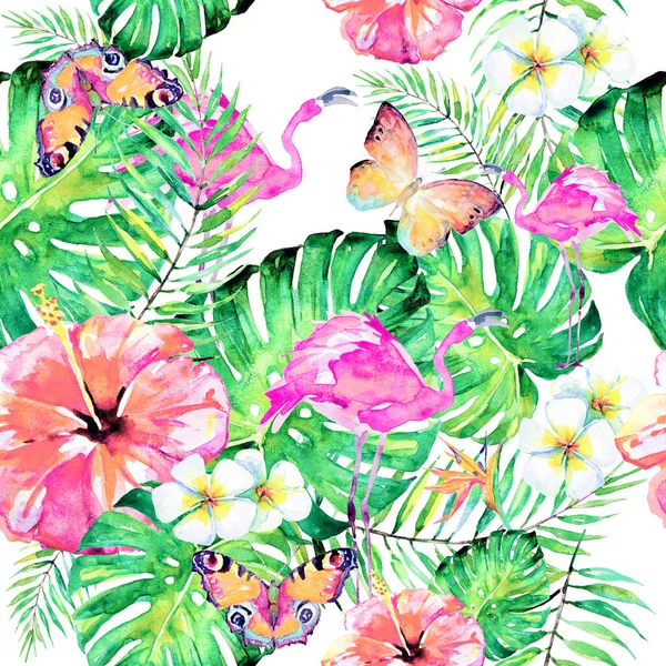 ヤシの葉と蝶とフラミンゴの熱帯の花のパターンは白い背景に隔離され夏時間の概念 — ストック写真