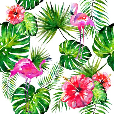 Palmiye yapraklı desen ve beyaz arka planda izole edilmiş flamingolu tropikal çiçekler.