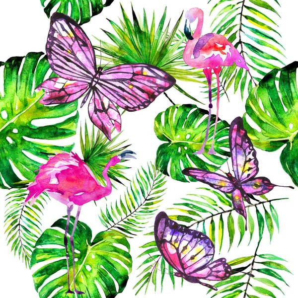 pattern with palm leaves and tropical flowers with butterflies and flamingos isolated on white background, summer time concept