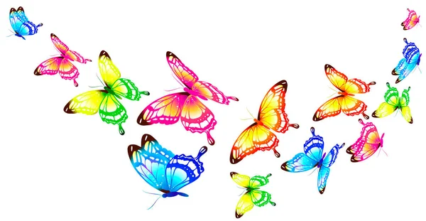 Mariposas Colores Brillantes Volando Aisladas Sobre Fondo Blanco Concepto Primavera — Archivo Imágenes Vectoriales