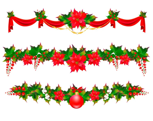 Weihnachtsgirlanden Mit Weihnachtsstern Und Baumwollblumen Isoliert Auf Weißem Hintergrund — Stockvektor