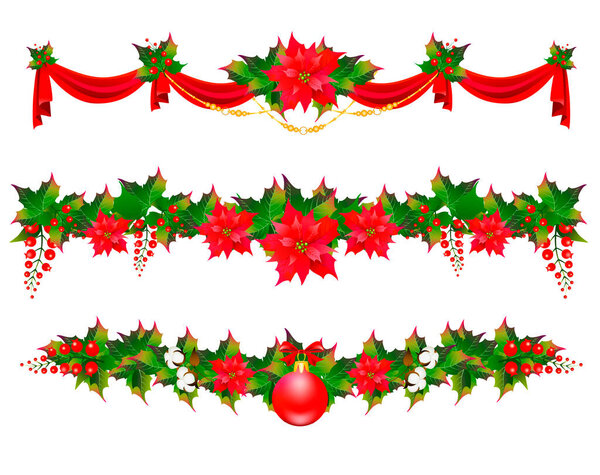 Рождественские гирлянды с пуансетцией и цветами хлопка изолированы на белом фоне
