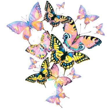 Beyaz arka planda yalıtılmış, parlak renkli kelebekler uçuşuyor. 