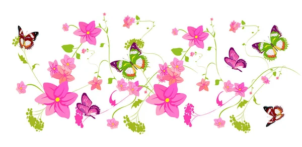 Красиві Квіти Яскраві Барвисті Метелики Літають Ізольовані Білому Тлі Весняна — стокове фото