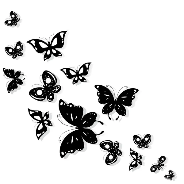 Conjunto Mariposas Negras Aisladas Sobre Fondo Blanco Concepto Verano — Vector de stock