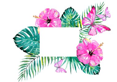 Çiçekli tropik palmiye yaprakları ve beyaz arka planda izole edilmiş boş kartıyla kelebekler, yaz konsepti. 