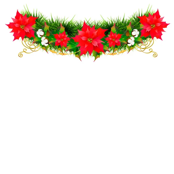 Kerst Slinger Van Poinsettia Plant Met Rode Bloemen Geïsoleerd Witte — Stockvector