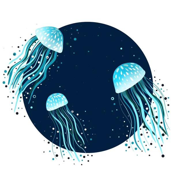 Ilustração Ícone Família Medusas Subaquáticas Fundo Círculo Azul Escuro — Fotografia de Stock