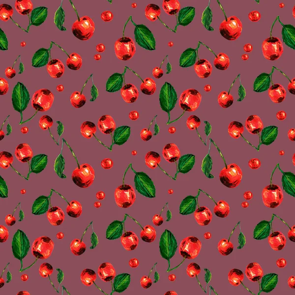 Illustration Seamless Red Juicy Cherry Pattern Red Background — Stock Photo, Image