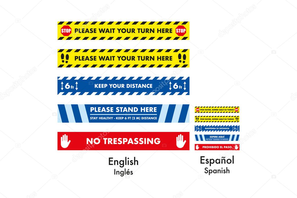 Floor stickers distance lines to prevent coronavirus and covid19, five different designs, please wait your turn here, keep your distance, please stand here, no trespassing, english and spanish