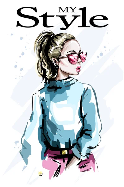 Hand Drawn Beautiful Young Woman Sunglasses Fashion Woman Look Stylish — Stock Vector