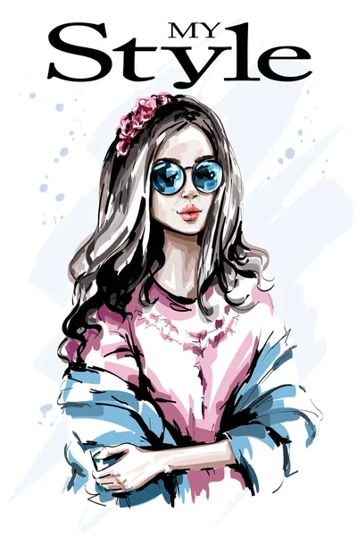 美しい若い女性の肖像画 髪の花の花輪とファッションの女性 かわいい女の子 スケッチ ベクトル図 — ストックベクタ