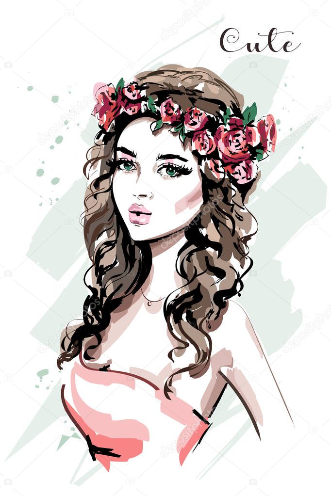Beautiful young woman portrait. Fashion woman in flower wreath. Cute girl. Sketch. Vector illustration. 
