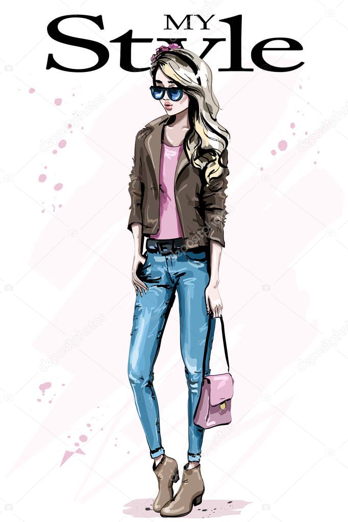 Beautiful young woman outfit. Fashion woman with bag. Stylish blond hair girl with sunglasses. Sketch. 