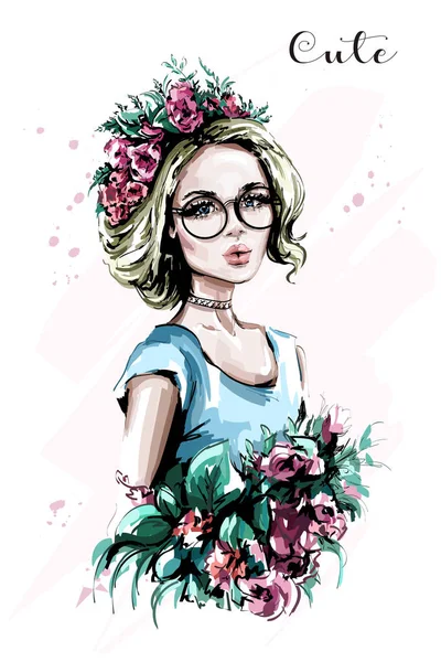 Retrato Mujer Joven Dibujado Mano Mujer Moda Corona Flores Chica — Vector de stock