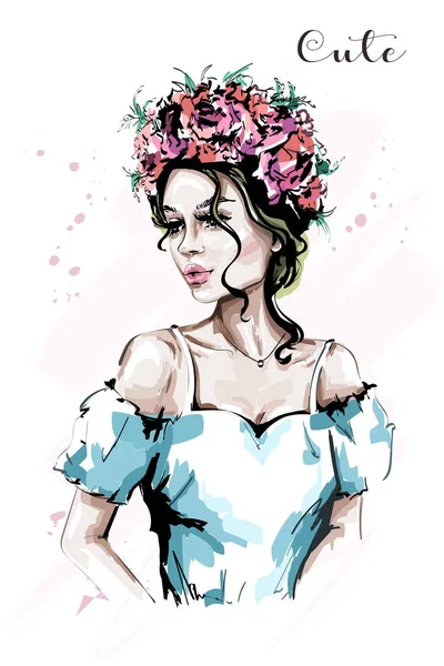 手描きの美しい女性の肖像画 ファッション女性の花の花輪で スタイリッシュなかわいい女の子 スケッチ — ストックベクタ