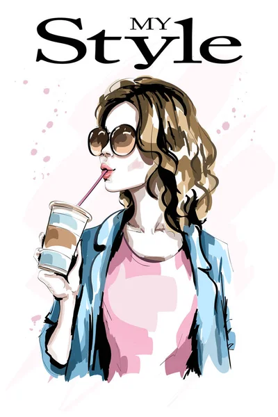 Hand Drawn Beautiful Young Woman Paper Coffee Cup Fashion Woman — Stock Vector